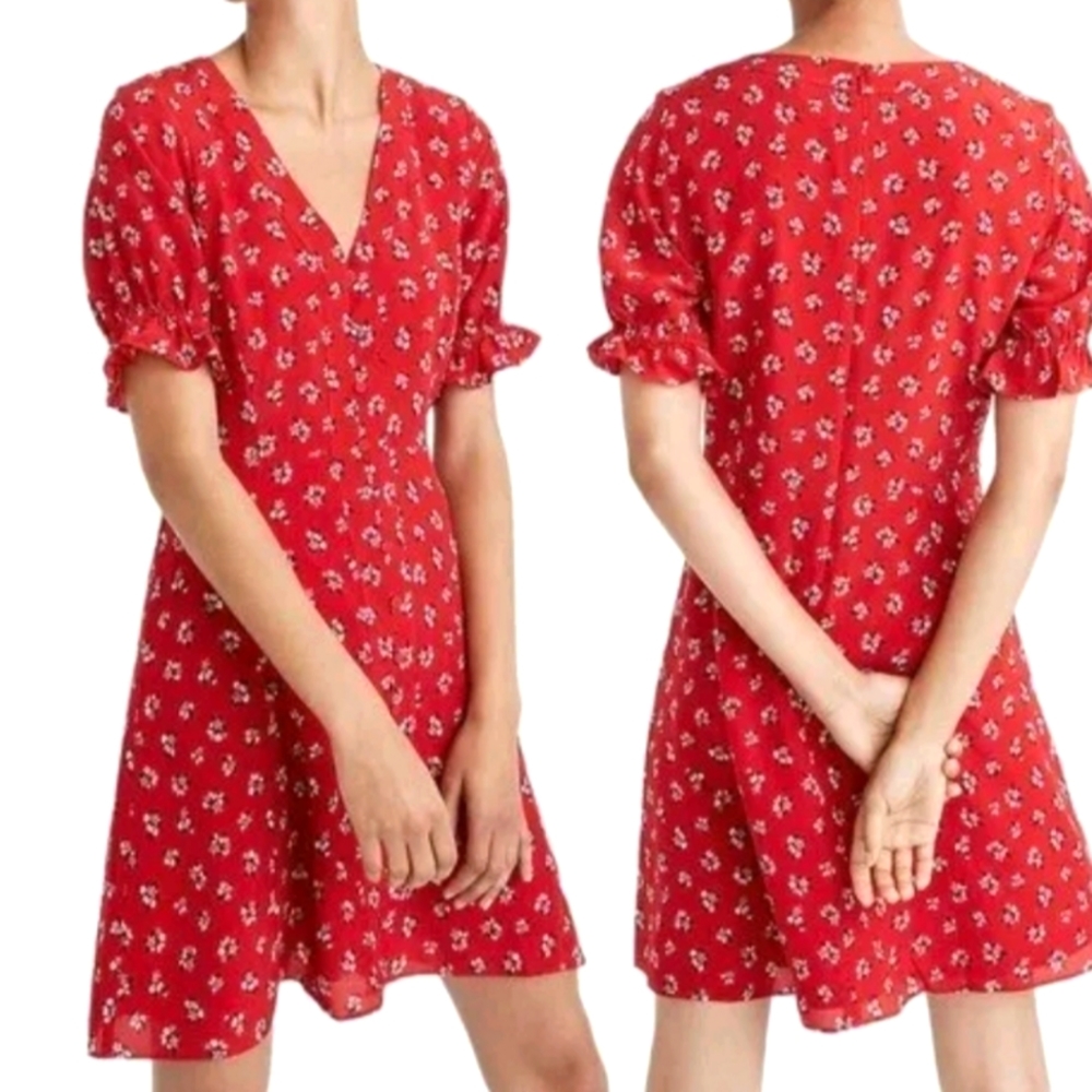 Madewell Red silk ruffle sleeves button front dress in little Lilies Women's 2